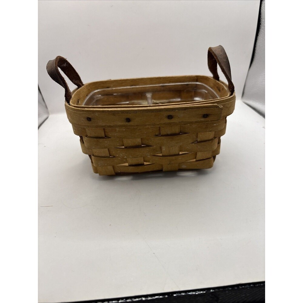 LONGABERGER 1998 TEA BASKET  LEATHER HANDLES CLASSIC DIVIDED TRAY INSERT TIE TAG - Picture 3 of 7